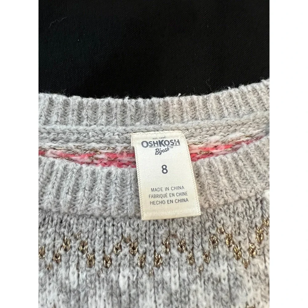 OshKosh Bgosh Girls Size 8 Fair Isle Metallic Knit Sweater Gray Pink Gold Pocket